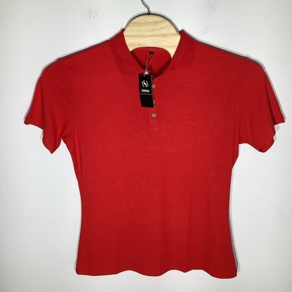 URRU Mens Ribbed‎ Textured Short Sleeve Polo Red Size Large - Picture 2 of 7